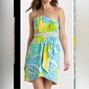 Lilly Pulitzer 🦊 crystal & Bead Embellish Strapless Dress, Blue, Green Yellow